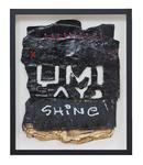 Umi Says, 2019. mixed media on reclaimed paper, enamel, hemp thread, acrylic. 24 x 18 inches.